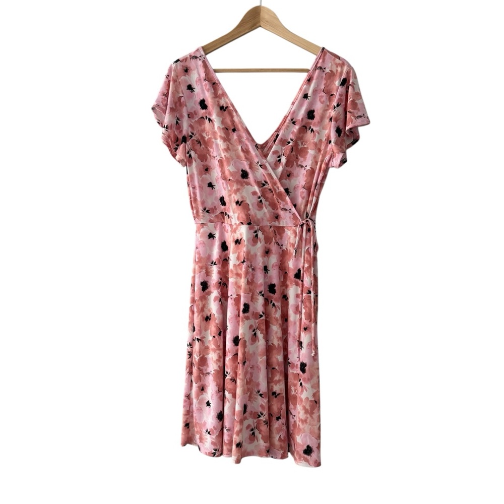 Kaileigh Pink Floral Mock Wrap Midi Dress Size Medium